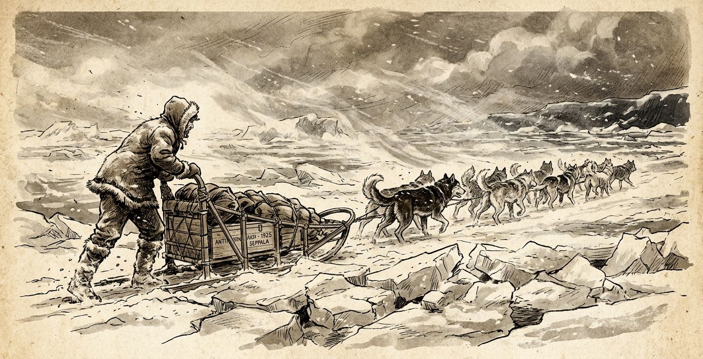 A sepia toned vintage illustration of a musher and a sled dog team braving a fierce arctic blizzard over cracked sea ice symbolizing the 1925 serum run.