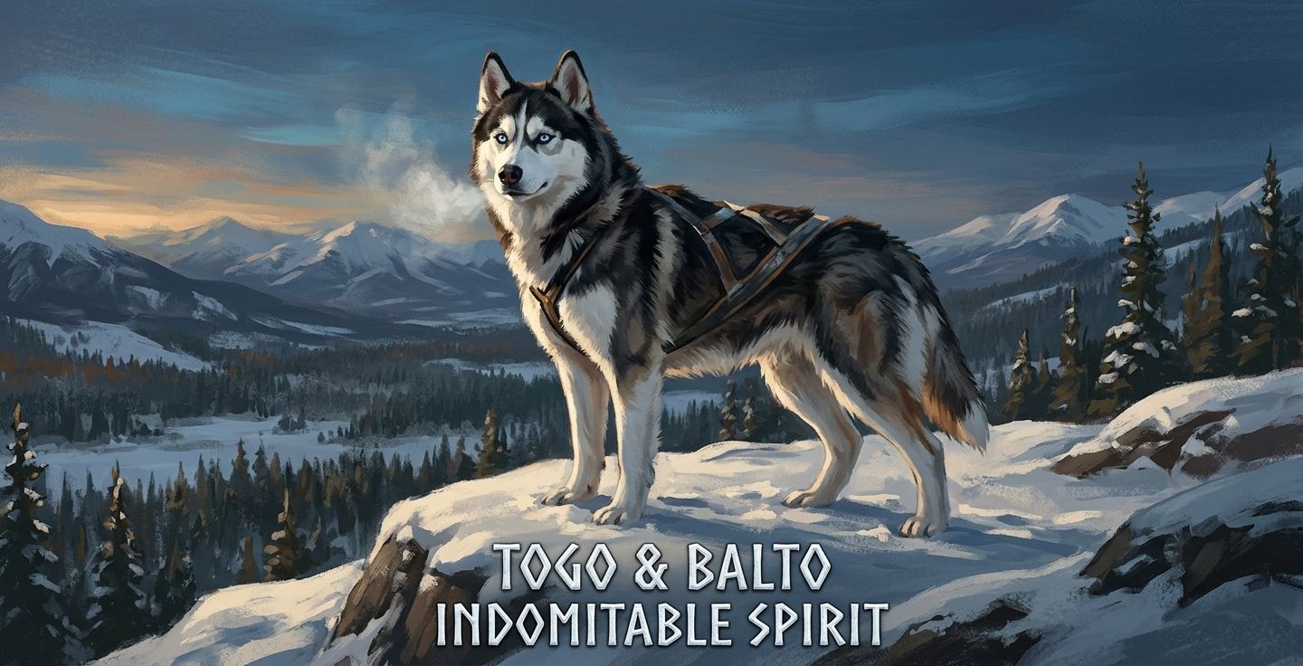 A majestic portrait illustration of a Siberian husky sled dog standing proudly in a snowy landscape representing the indomitable spirit of Togo and Balto.