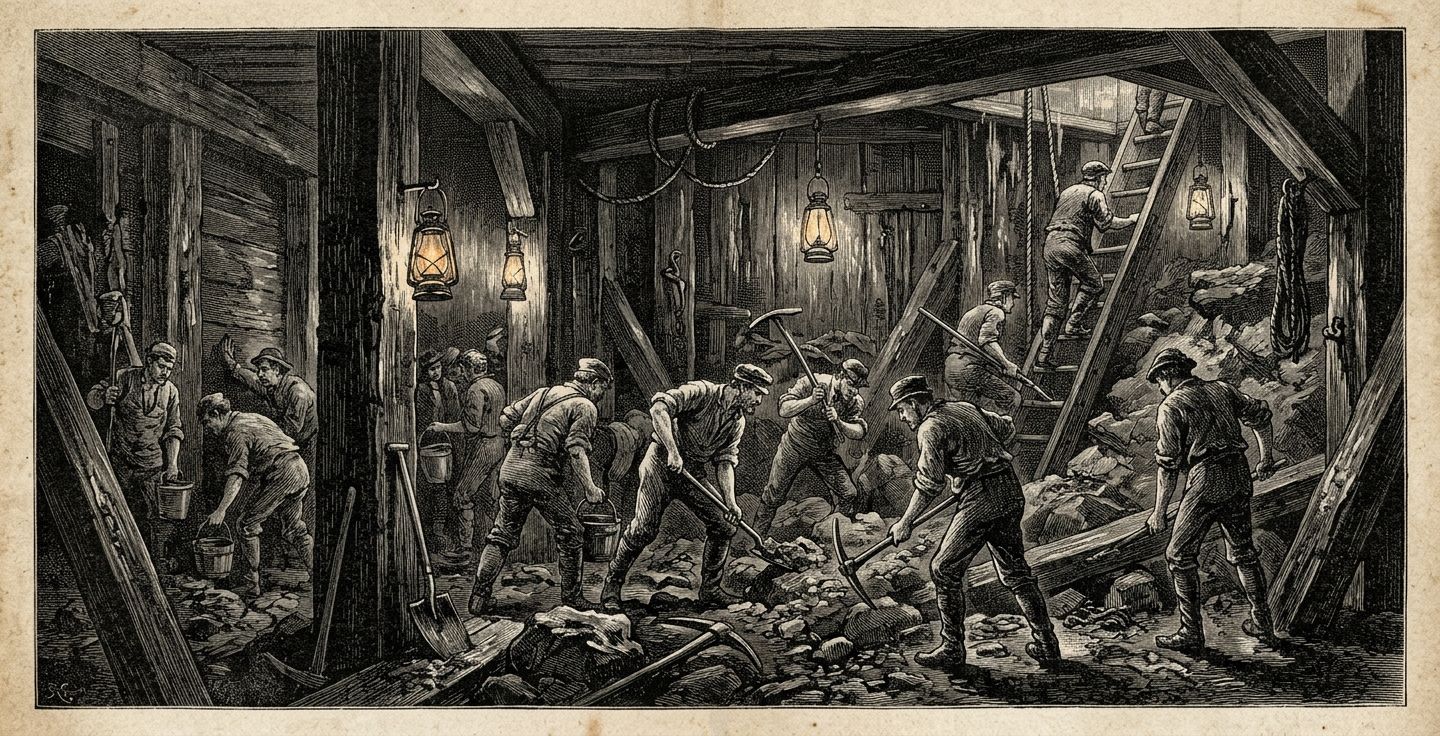A historic black and white illustration of the Brooklyn Bridge construction showing laborers working inside a large pressurized wooden caisson underwater illuminated by lanterns