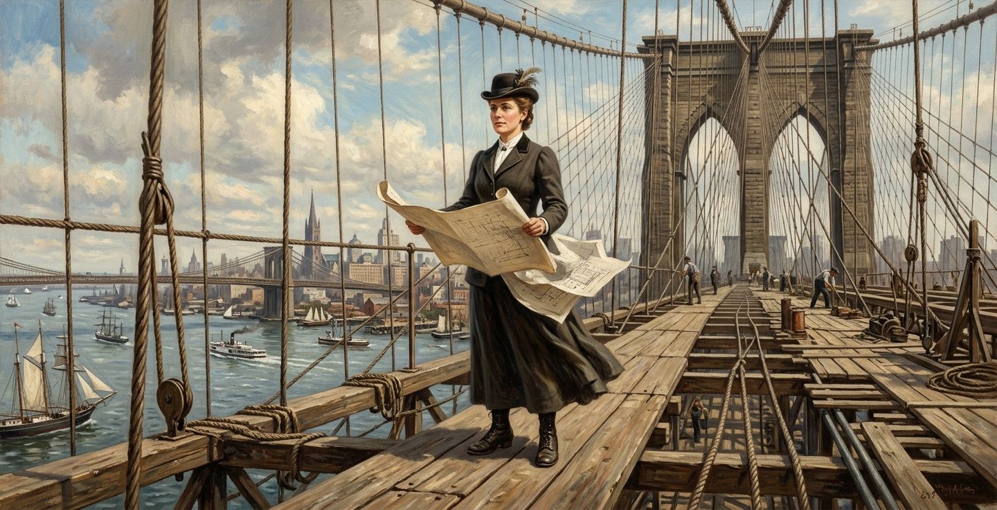 A realistic vintage style painting of Emily Warren Roebling standing confidently on the high wooden catwalk of the Brooklyn Bridge in the 1870s wearing period clothing and holding engineering blueprints in the wind