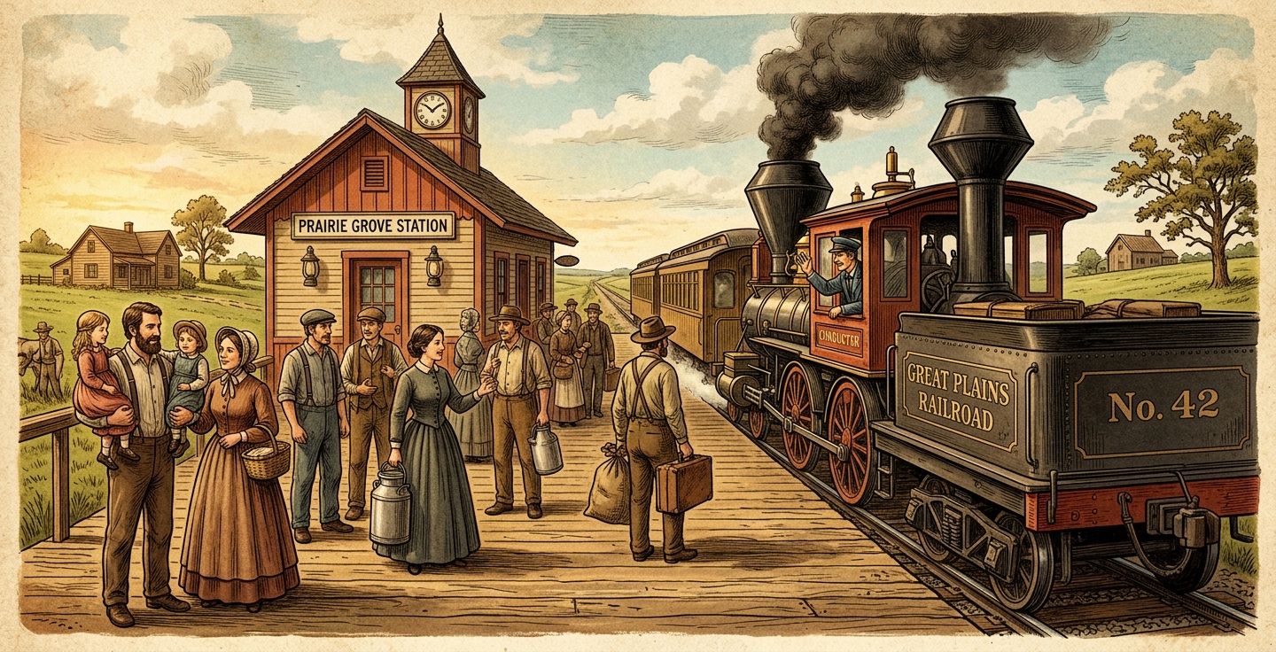 A vintage style illustration of an 1800s steam train arriving at a small rural midwestern train station farmers and townsfolk gathered on the wooden platform waiting warmly historical americana style