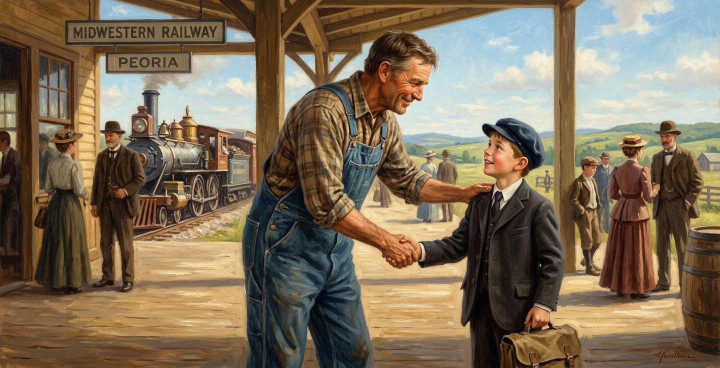 A heartwarming historical painting of a midwestern farmer in overalls warmly shaking the hand of a young boy dressed in a neat city suit on a train platform sunny day american heartland hope and family