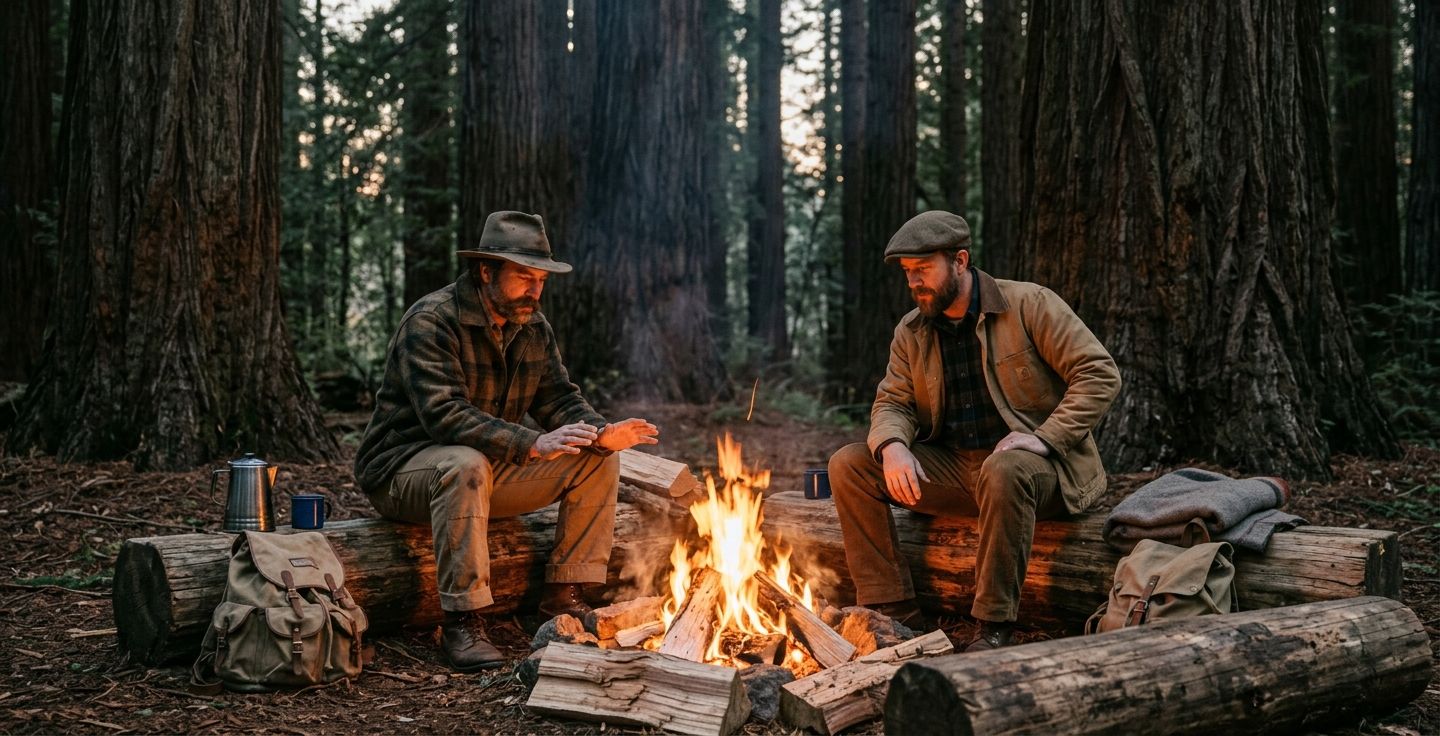 A warm crackling campfire in a dense redwood forest at dusk with two men in early 1900s outdoor clothing sitting on logs