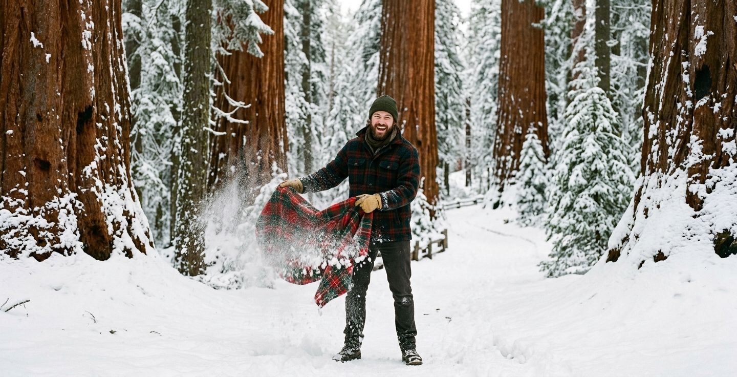 A snowy morning in a giant sequoia forest with a man in a wool jacket shaking snow off his blanket with a huge smile