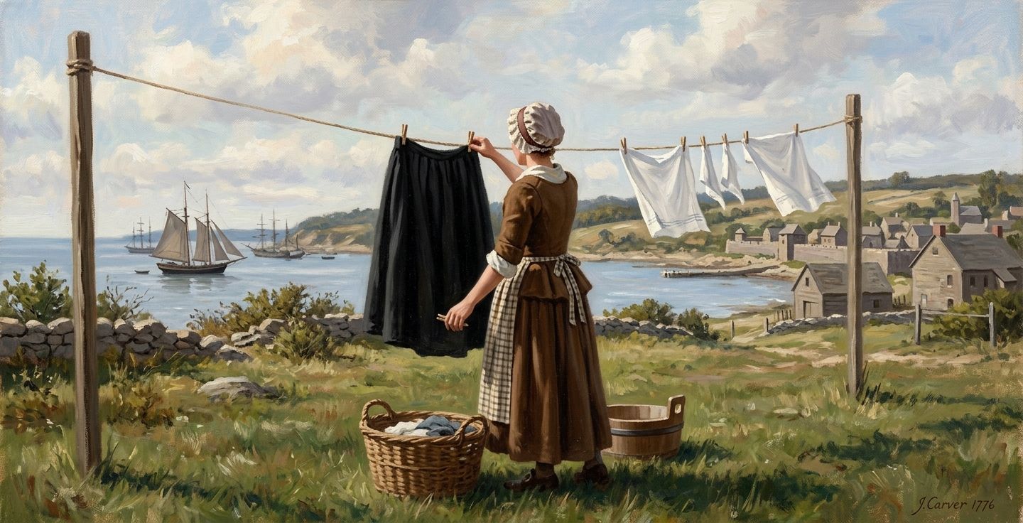 An oil painting style illustration of a colonial woman in 1776 hanging a black petticoat and white handkerchiefs on a wooden clothesline, with a subtle wooden spyboat in the distant harbor background.
