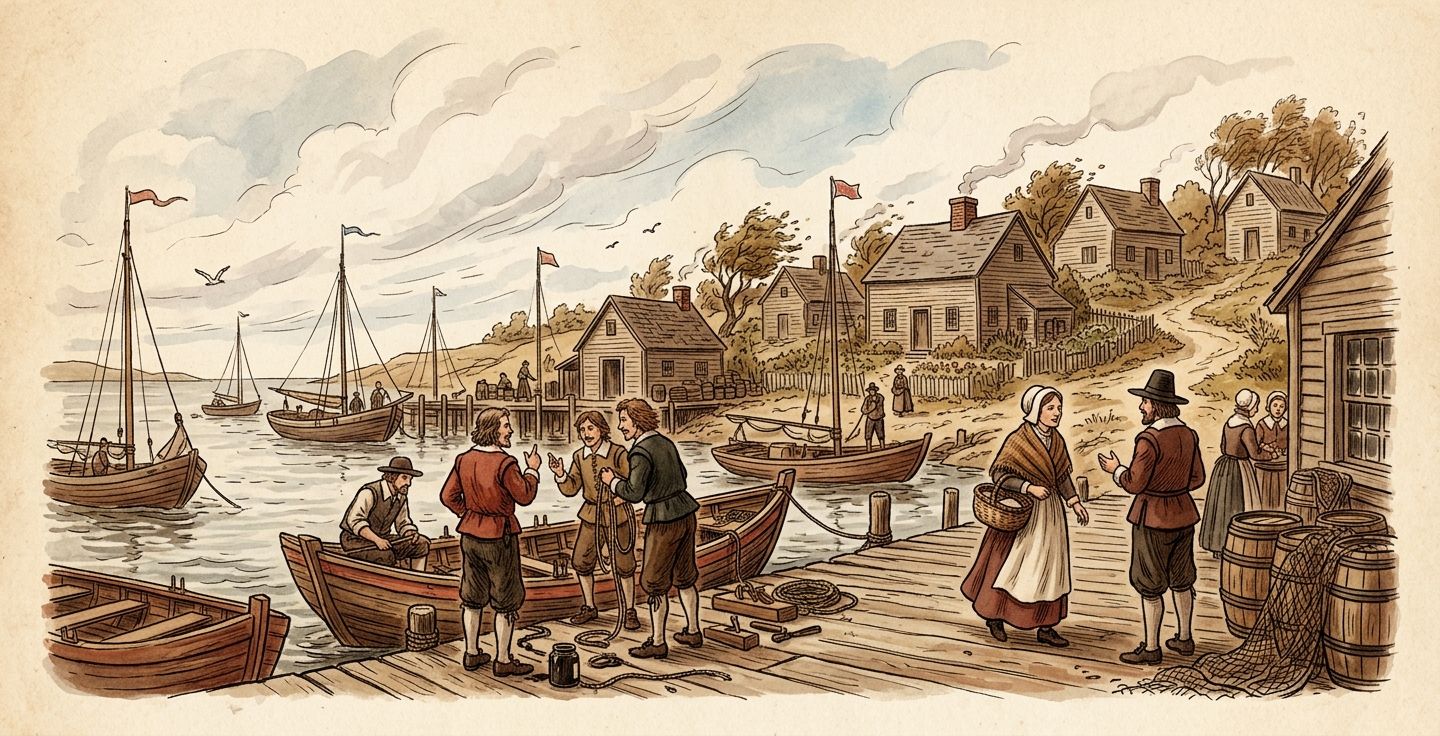 A historical illustration of an early American coastal village on a windy day settlers chatting and working on boats in a warm and inviting style