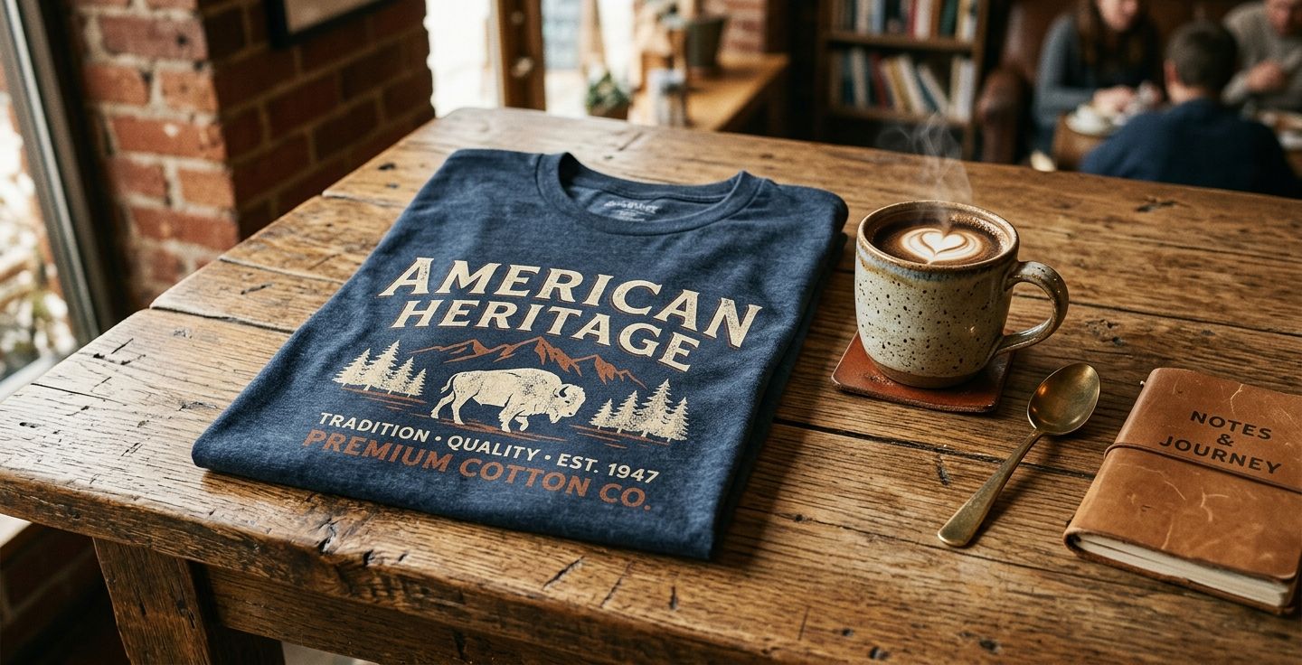 A warm vintage style design featuring a premium cotton t shirt laid on a rustic wooden table next to a cup of coffee evoking American heritage