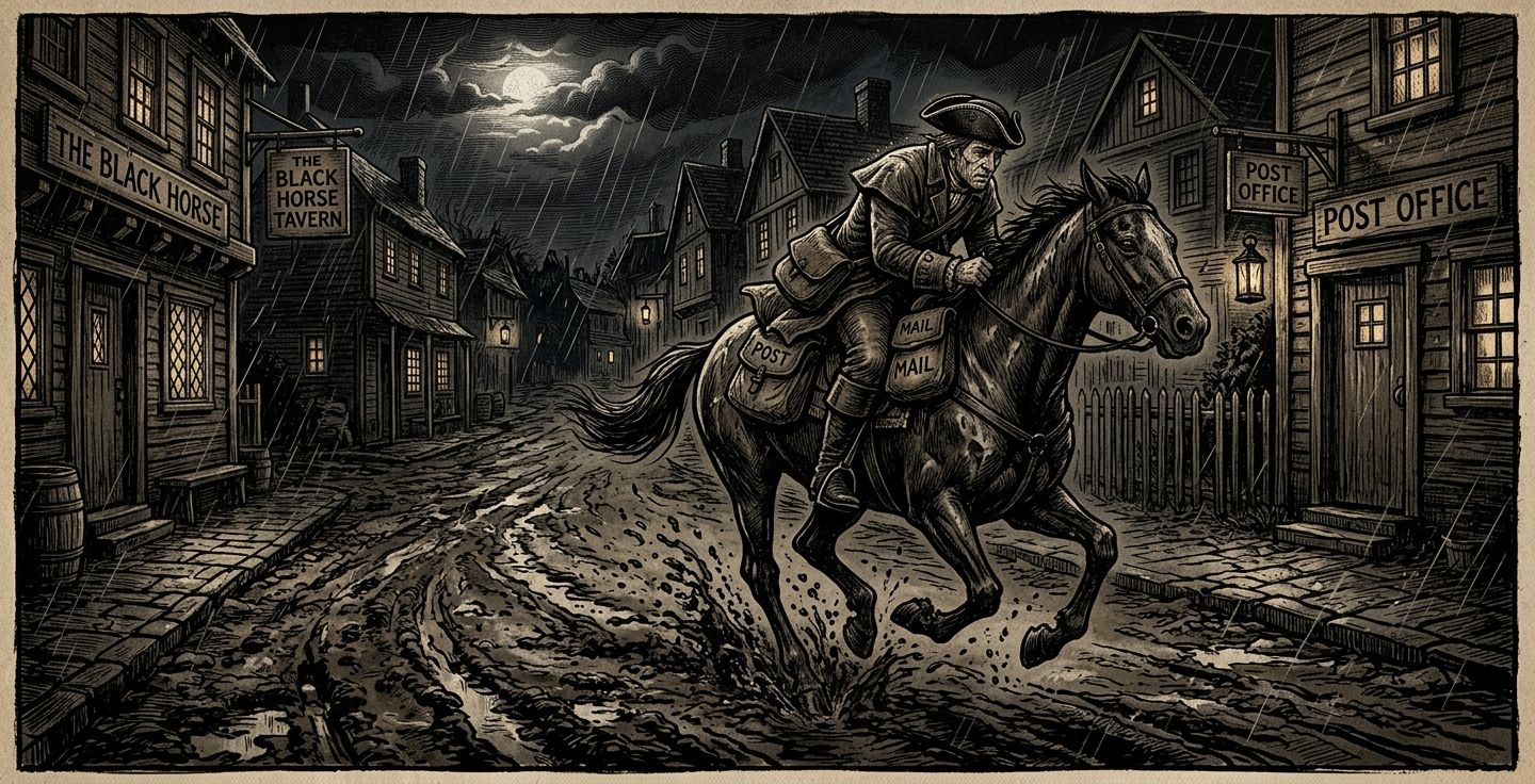 Vintage style illustration of an exhausted colonial post rider galloping on a horse through a muddy colonial town at night