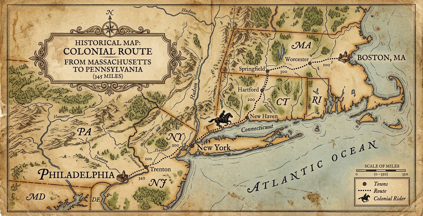Historical map showing the 345 mile route from Massachusetts to Pennsylvania with a colonial rider icon on the path