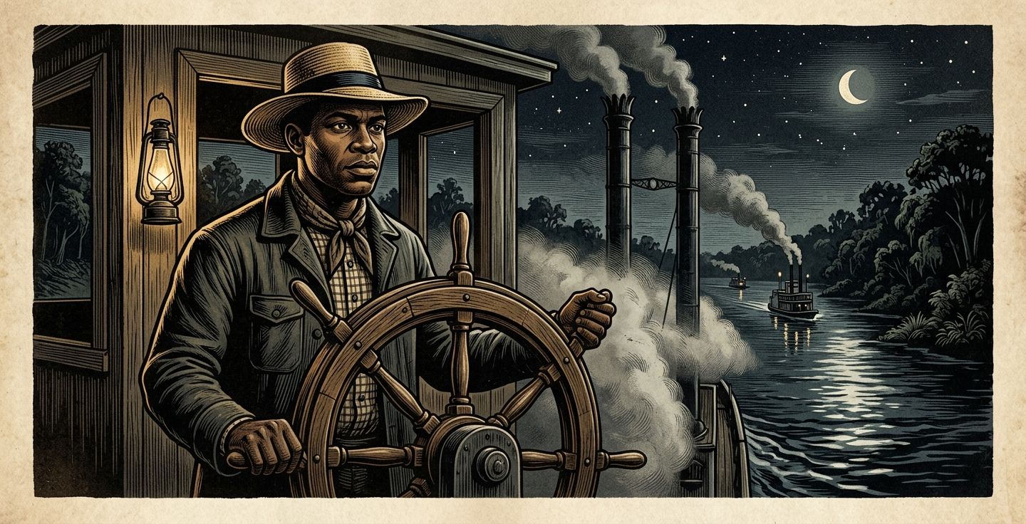 Vintage style illustration of an African American man in the 1860s standing at the wheel of a steamboat at night wearing a wide brimmed straw hat
