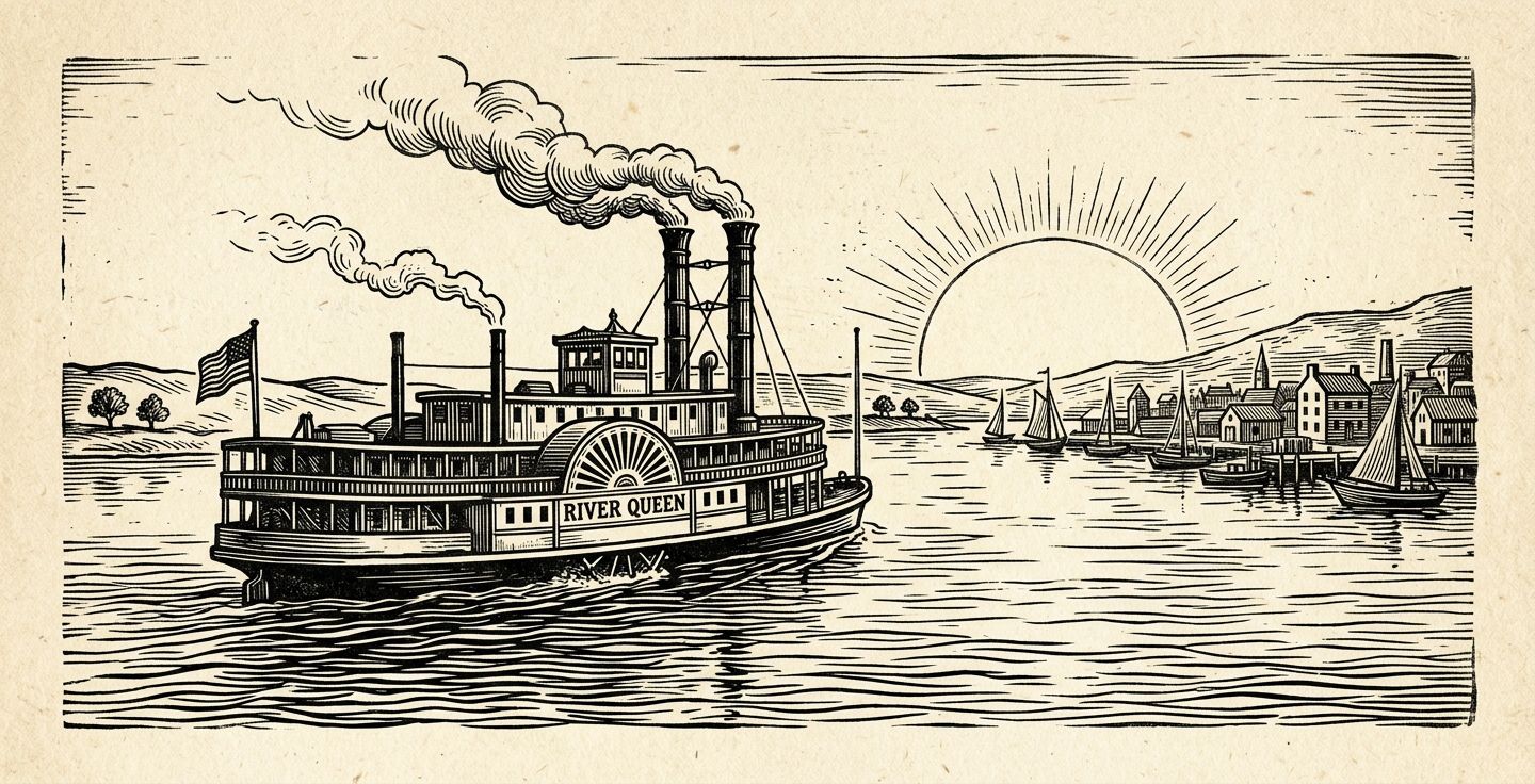 Woodcut style illustration of a large sidewheel steamboat sailing through calm harbor waters towards the golden morning sunrise