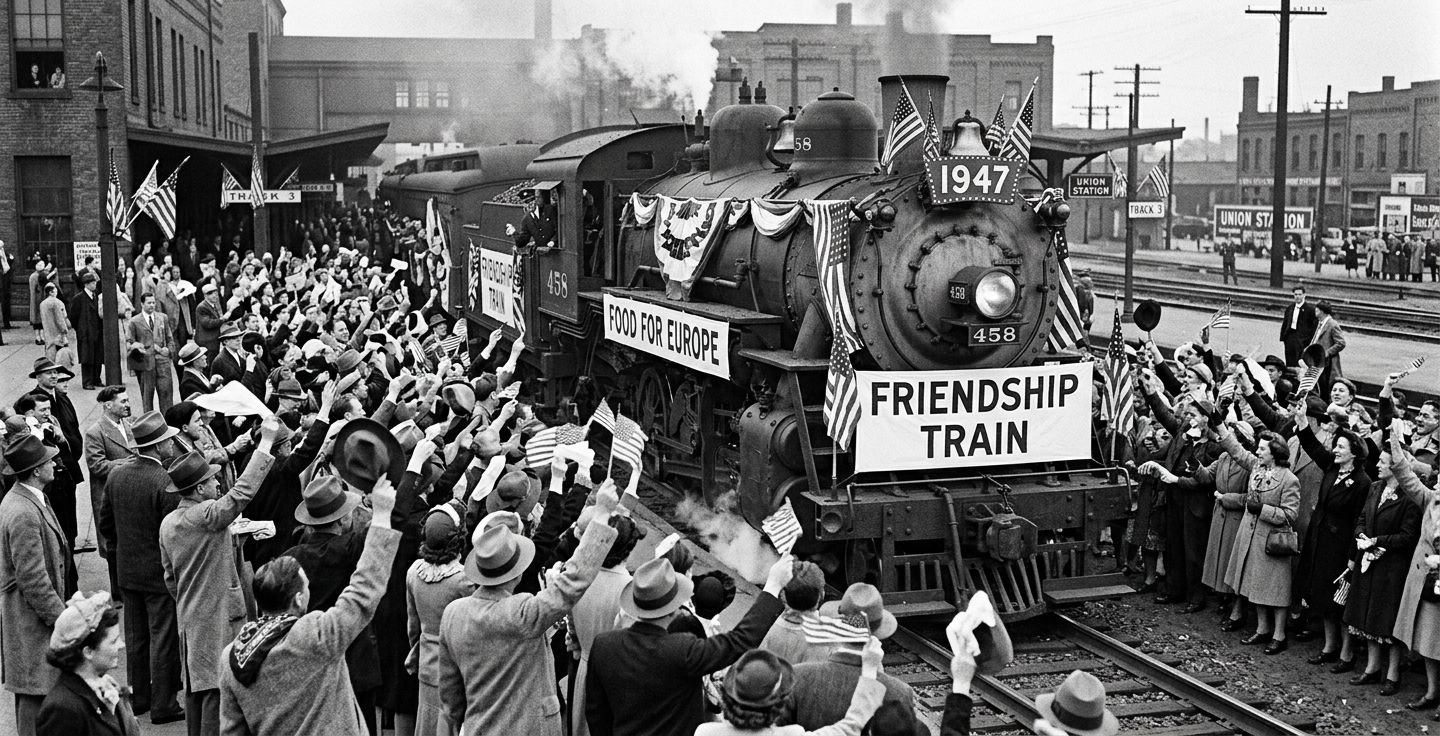A black and white photograph of an old steam train decorated with banners reading Friendship Train surrounded by waving American citizens in 1947