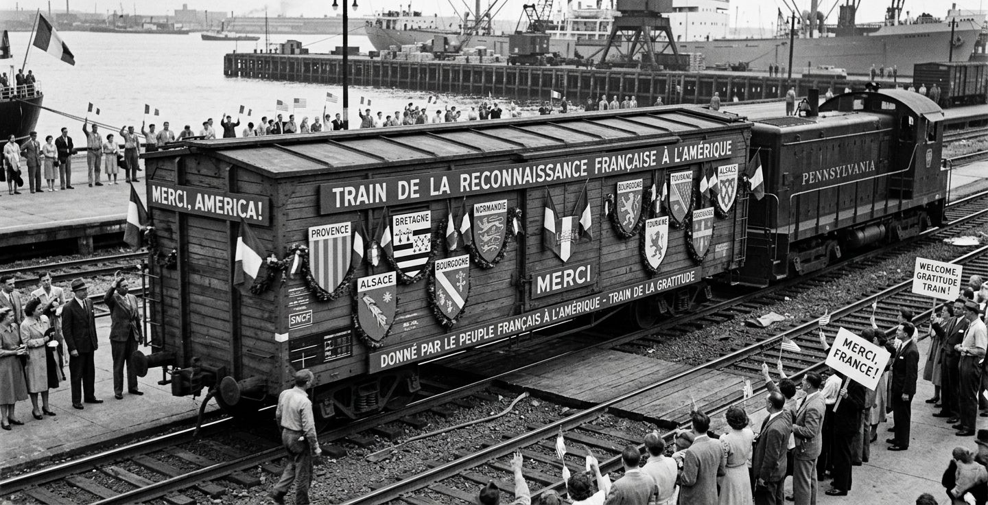 A black and white photo of a French boxcar arriving in America decorated with shields of French provinces representing the Gratitude Train
