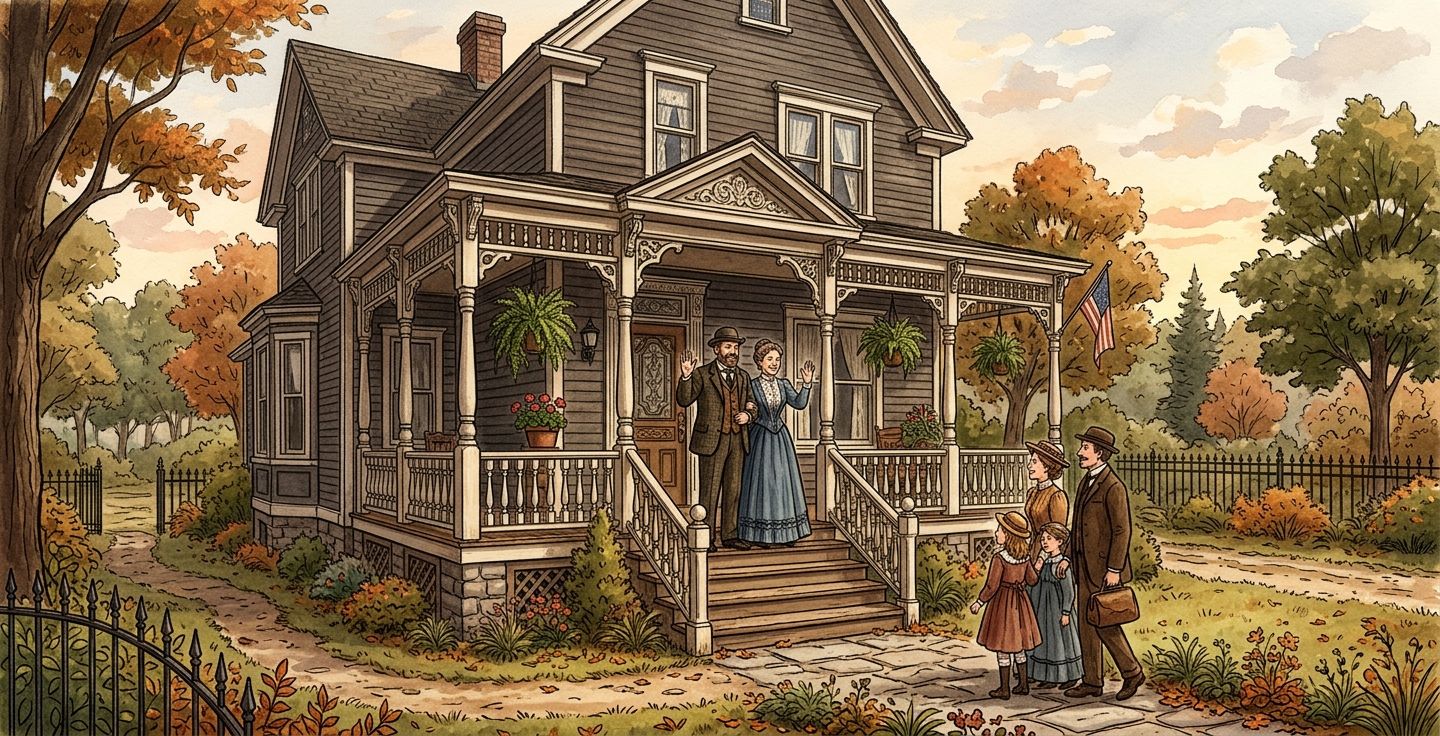 A warm historical illustration of a classic American home in the late 1800s with a large wooden front porch a loving couple standing on the steps greeting visitors