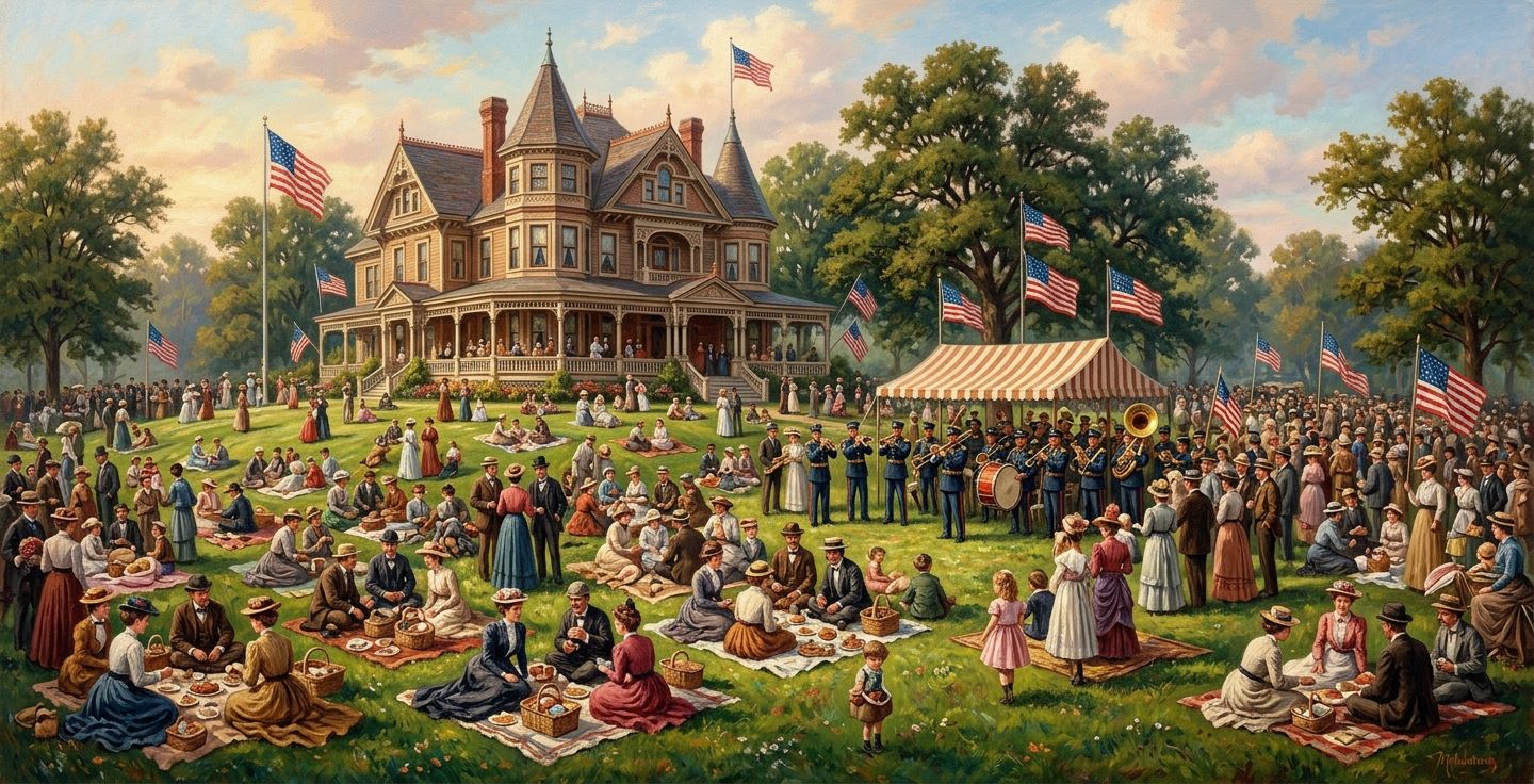 A vintage style painting of a massive crowd of people having a picnic on a lush green lawn in front of a beautiful late 19th century American home with brass bands and American flags