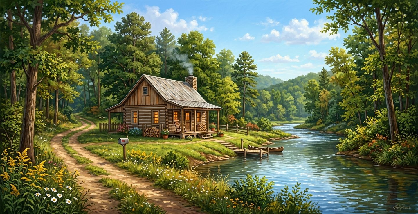 A warm realistic illustration of a small rural wooden cabin near a winding river in Alabama surrounded by green trees and a dirt path under a bright sunny sky