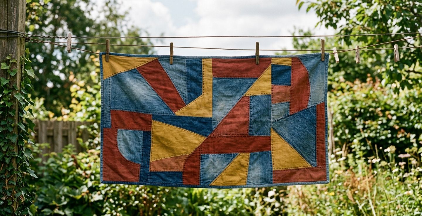A vivid abstract quilt hanging on a wire clothesline outdoors featuring bold irregular geometric shapes in faded denim blue rusty red and mustard yellow