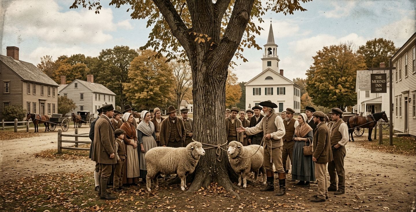 A realistic historical illustration of an 1810 town square in Massachusetts featuring a pioneer man showing two Merino sheep tied to an elm tree to a curious crowd of early American farmers