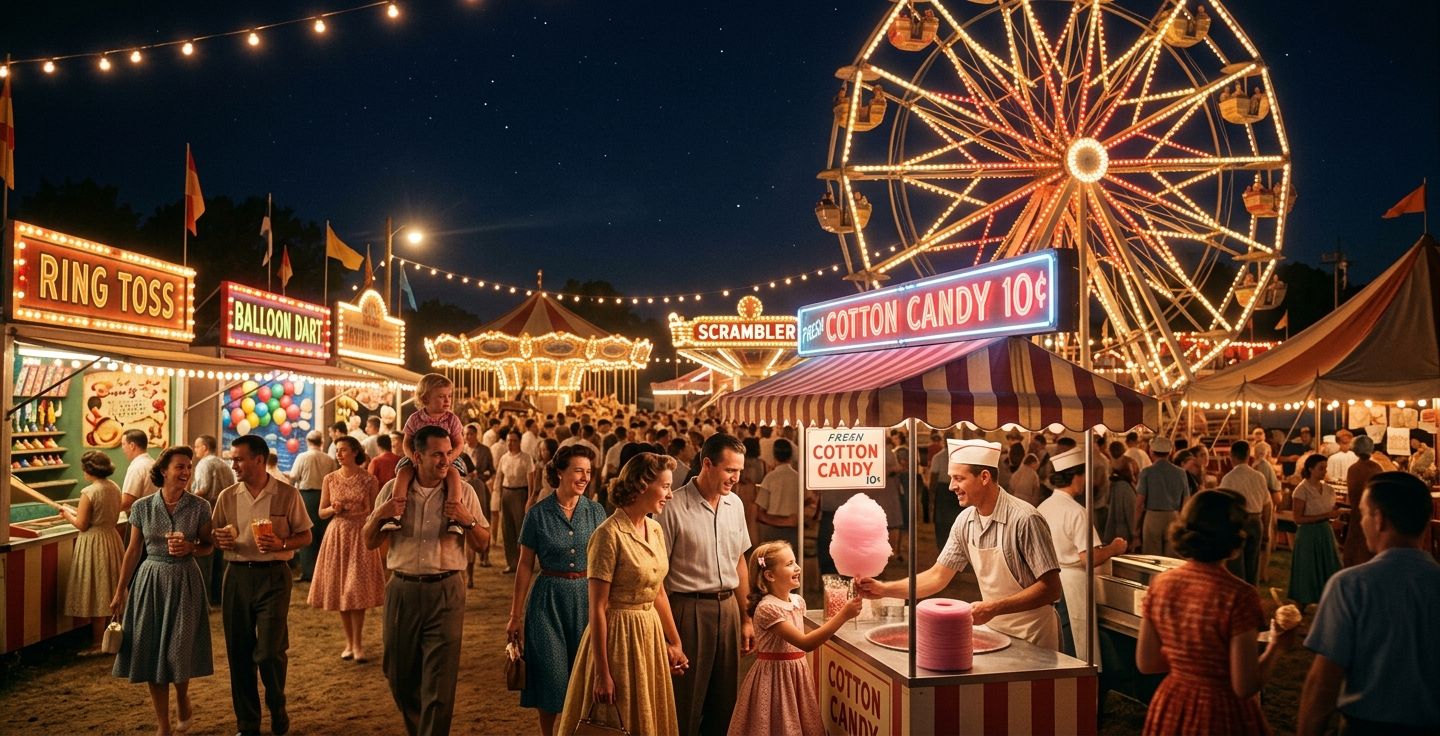 A nostalgic nighttime view of a bustling county fair midway in the 1950s featuring a glowing Ferris wheel cotton candy stands and happy families enjoying the summer evening