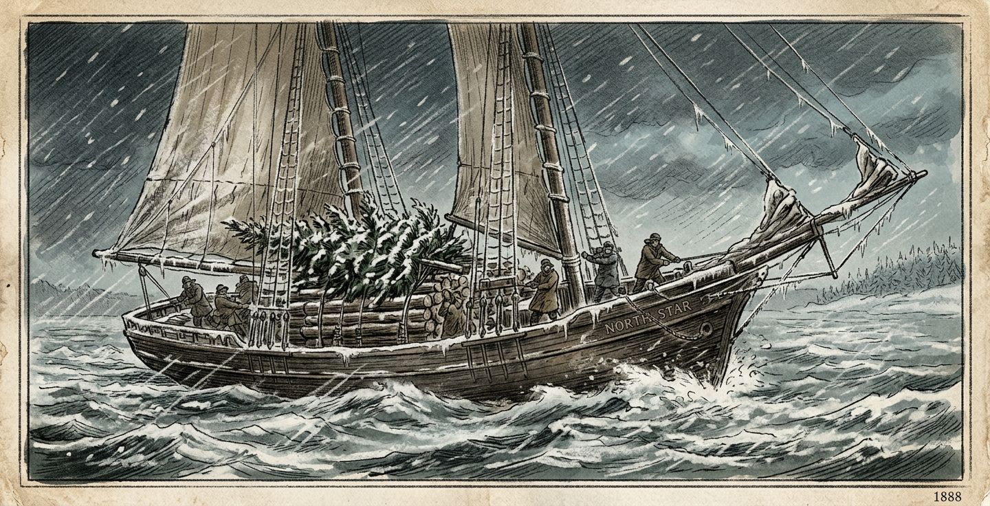 A vintage style illustration of a three masted wooden schooner sailing through a heavy winter blizzard on a rough lake with evergreen trees stacked on the icy deck