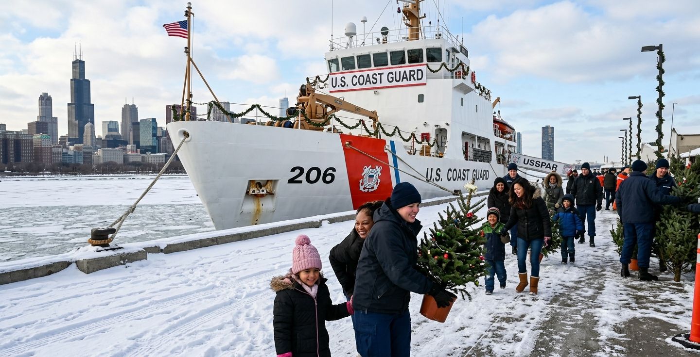 A modern US Coast Guard cutter ship docked at a snowy pier in Chicago with crew members in winter uniforms handing out fresh green Christmas trees to smiling families
