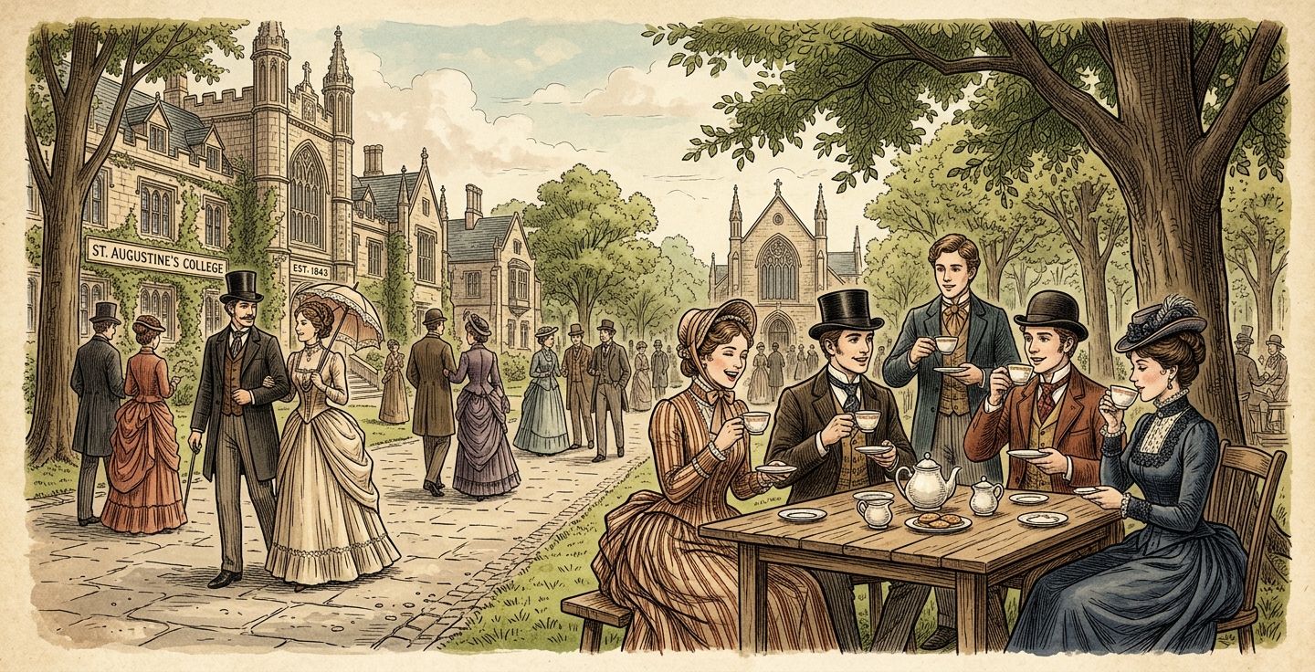A vintage style illustration of a 19th century college promenade with young adults in Victorian attire sipping tea