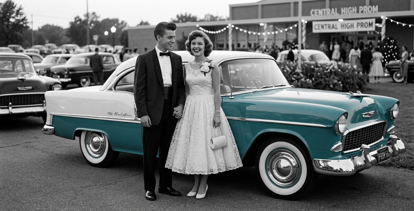 A nostalgic 1950s scene showing a teenage couple in formal wear standing next to a classic Chevrolet car