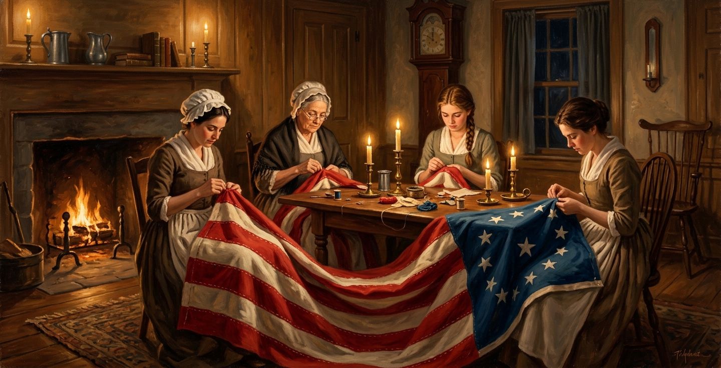 A warm historical painting of four women in an early 19th century parlor room hand sewing a massive red white and blue American flag by candlelight. The scene feels intimate patriotic and hardworking.