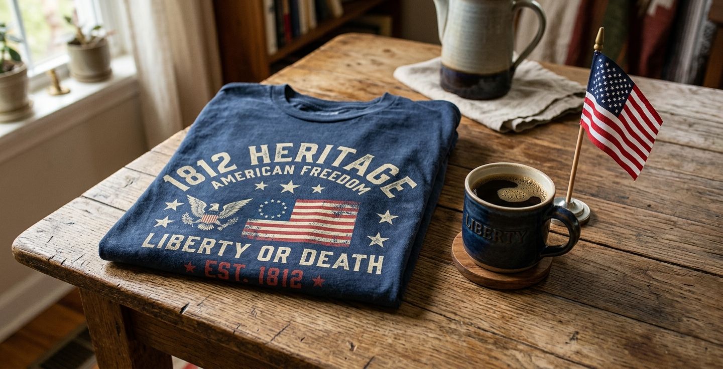 A beautifully folded vintage style t shirt with a patriotic 1812 heritage design resting on a rustic wooden table next to a cup of coffee and a small American flag. Warm and inviting.