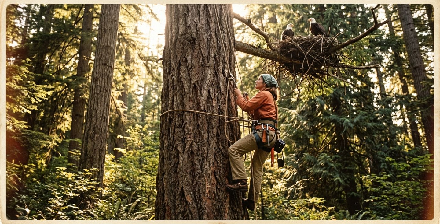 A vintage 1970s style photograph of a dedicated wildlife biologist wearing a harness climbing a massive Douglas fir tree in a dense American forest to check on a large bald eagle nest with warm sunlight filtering through the canopy