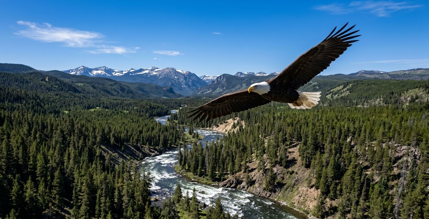 A breathtaking highly detailed photograph of a majestic bald eagle soaring freely over the rushing rivers and dark green pine forests of Yellowstone National Park under a bright clear blue sky