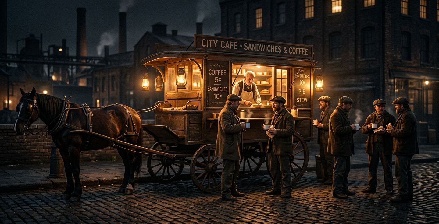 A vintage horse drawn lunch wagon parked on a dark cobblestone street at night glowing warmly with lantern light while factory workers gather around for coffee and sandwiches