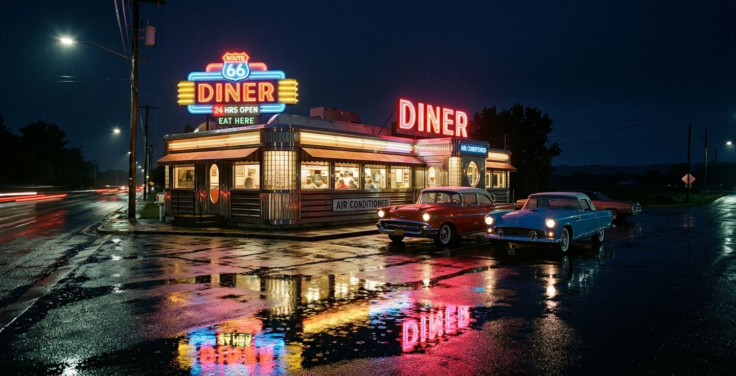 A classic stainless steel American diner exterior at night with a bright glowing neon sign reflecting on a wet highway with classic cars parked out front