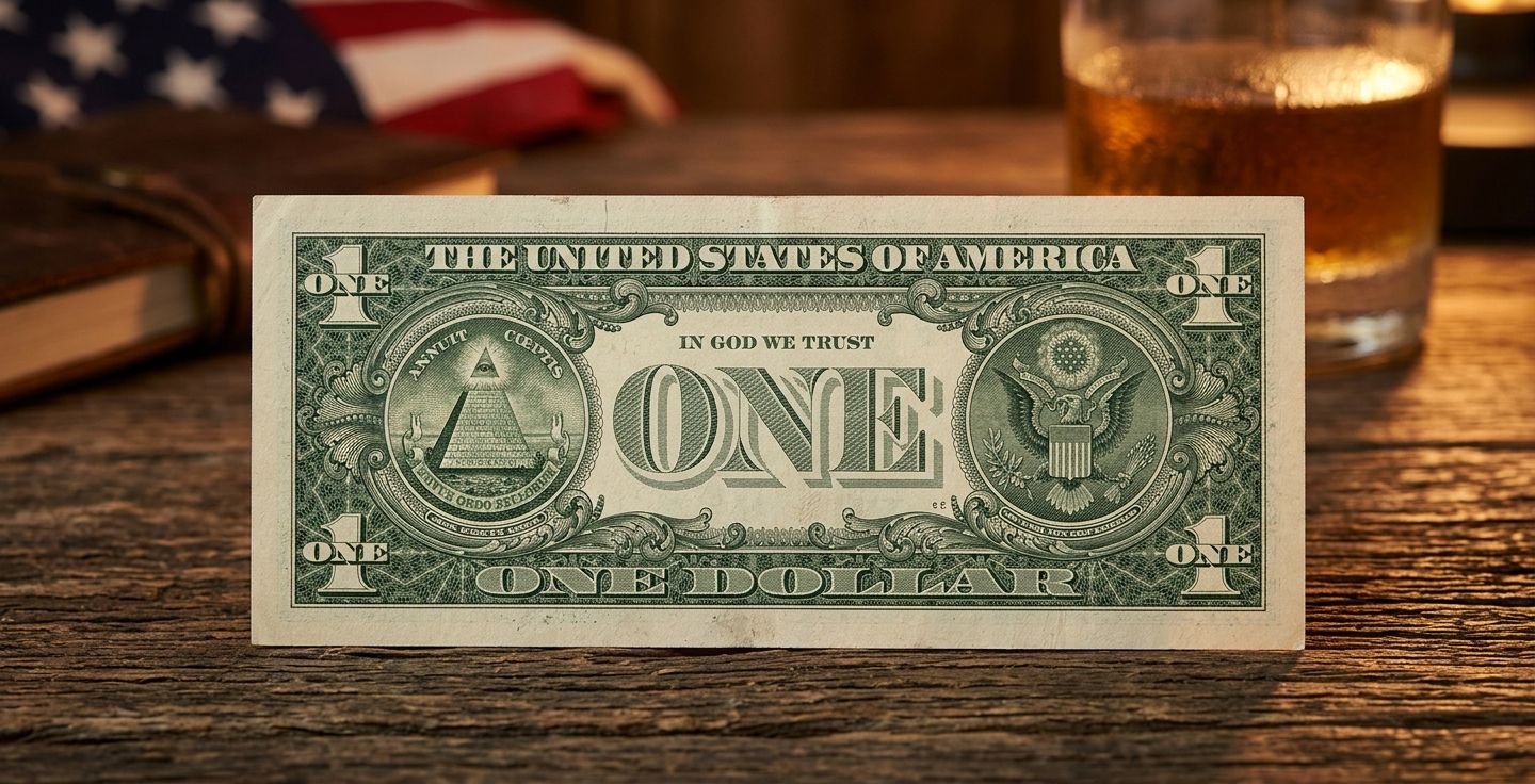 Close up of a crisp one dollar bill resting on a rustic wooden table illuminated by warm lamp light highlighting the bald eagle and pyramid symbols with a soft patriotic atmosphere.