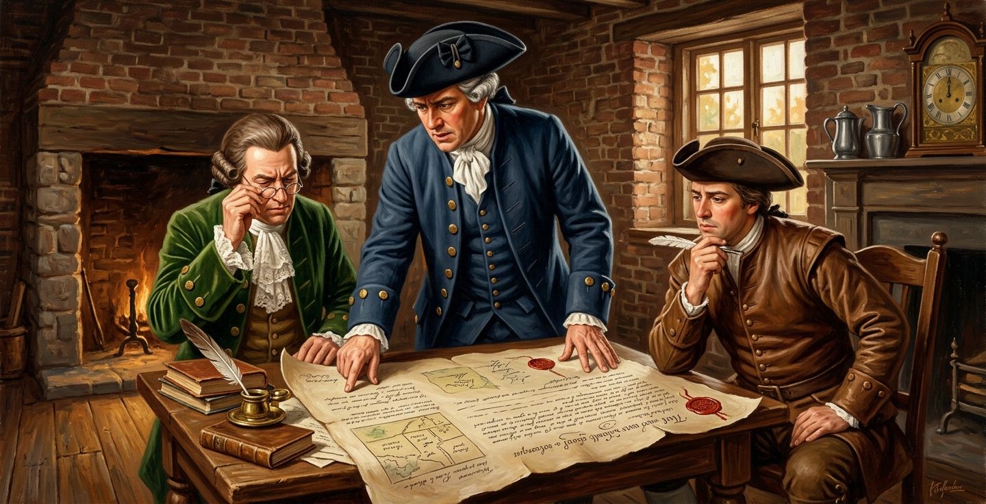 Oil painting style illustration of three eighteenth century men in colonial clothing examining a large parchment document on a wooden desk inside an old brick building.