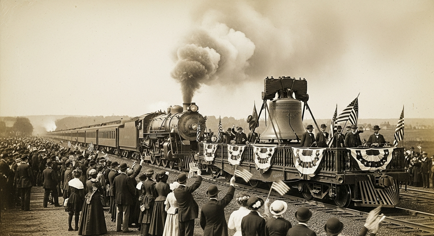 A vintage photograph or illustration depicting the Liberty Bell being transported by train across America in the late 19th century, with crowds gathered to see it, evoking a sense of unity and national pride.