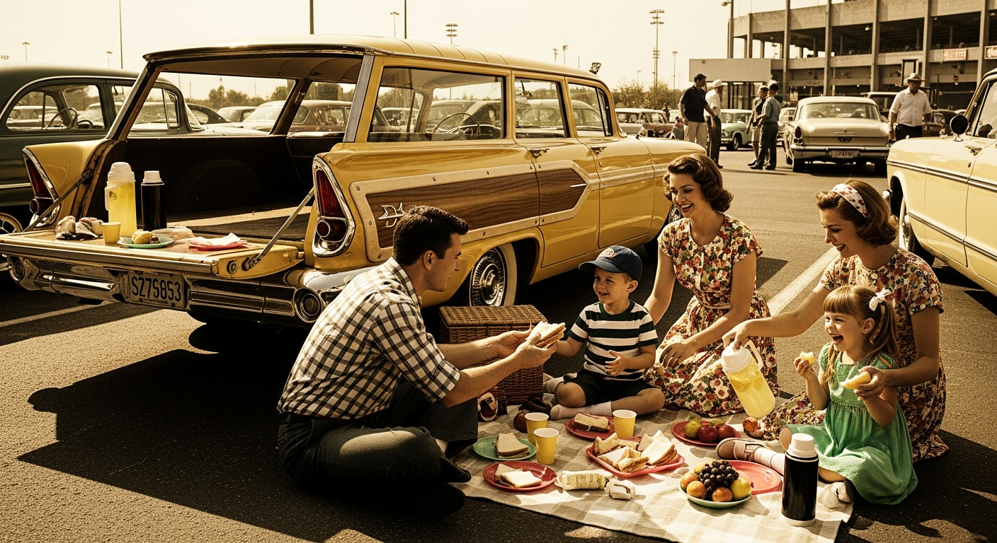 A vintage 1950s or 60s station wagon with its tailgate down, a family (parents, two kids) gathered around it in a parking lot, enjoying a simple picnic meal before a game. Warm, nostalgic, sepia tones.