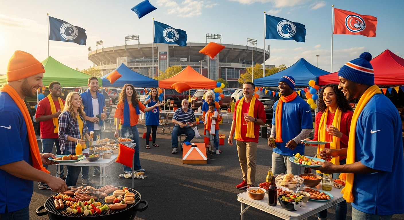 A vibrant, modern tailgating scene in a stadium parking lot. Diverse group of friends and family laughing, grilling food, playing cornhole, and wearing team jerseys. Colorful tents, flags, and a festive atmosphere. Focus on community and joy.