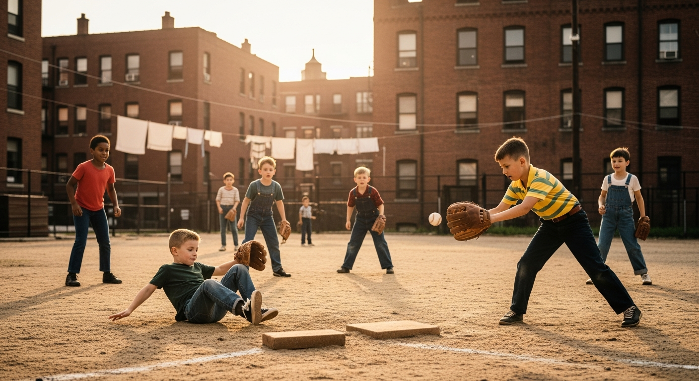 An image depicting a diverse group of kids playing sandlot baseball in an urban empty lot during the mid-20th century. One kid is sliding into an improvised home plate made of a brick. Another kid is trying to catch a ball with a worn leather glove. The background shows old brick buildings and perhaps a clothesline, with soft, golden hour lighting.