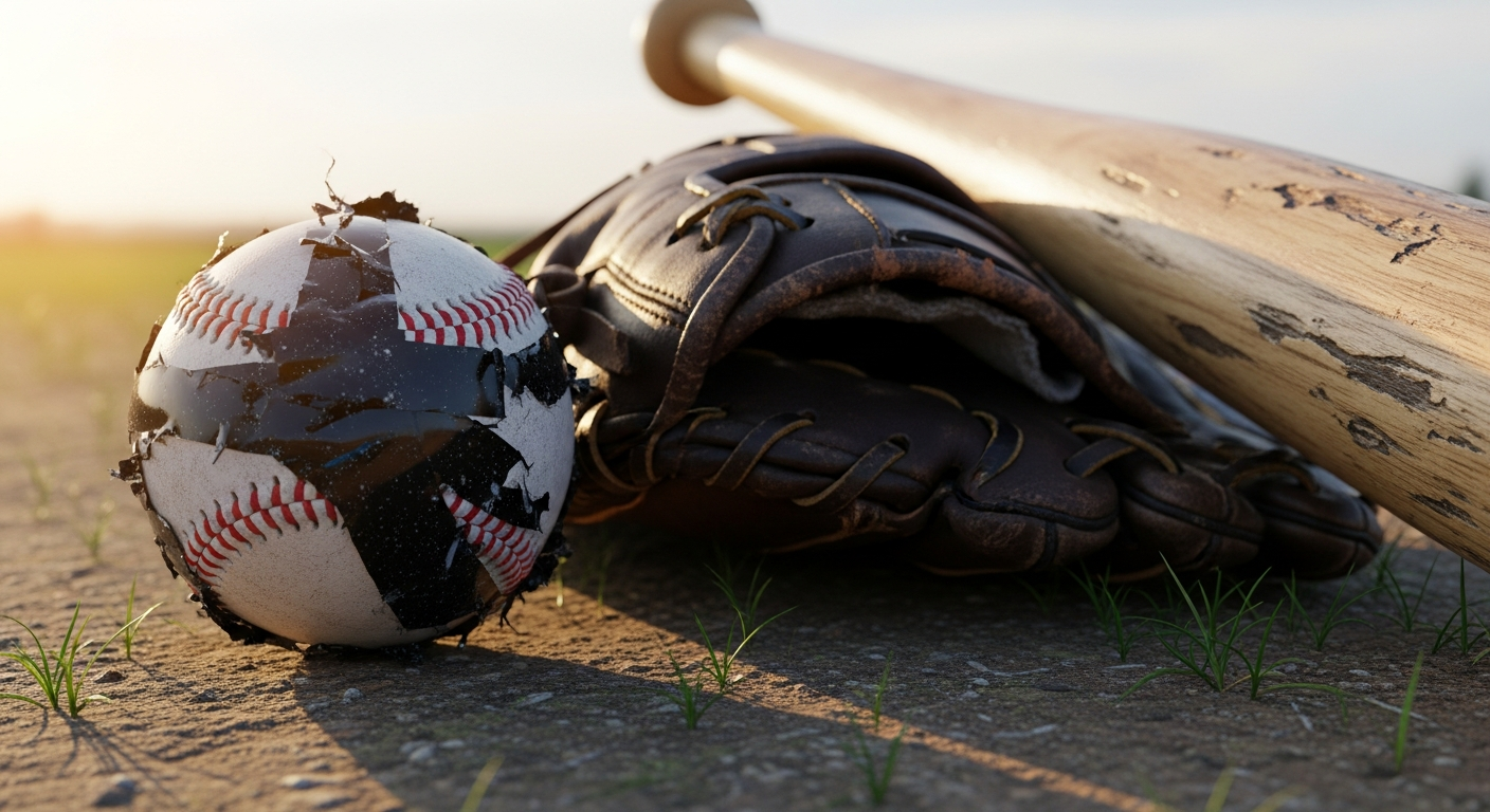 A close-up, nostalgic image focusing on the tactile details of sandlot baseball: a well-worn baseball wrapped in black electrical tape, a beat-up leather glove with visible stitching, and a wooden bat with scuff marks, all resting on a dusty patch of dirt or grass. The lighting should be warm and evocative of summer afternoons.