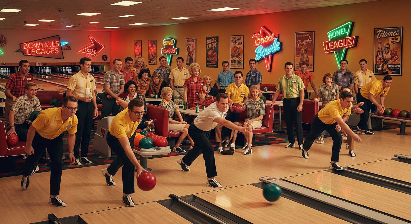 A vibrant, bustling bowling alley scene from the 1960s, showing men and women in various retro bowling attire, some throwing balls, others cheering, with neon lights and classic mid-century decor. Focus on a sense of community and lively activity.