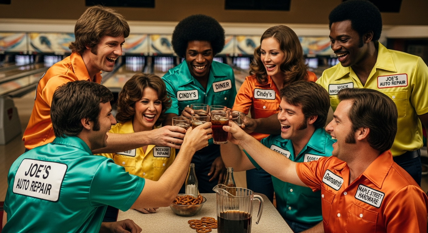 A close-up shot of a diverse group of working-class men and women on a bowling team in the 1970s, wearing their customized team shirts with local business names. They are laughing and clinking glasses (non-alcoholic) in celebration, showing genuine camaraderie and friendship.