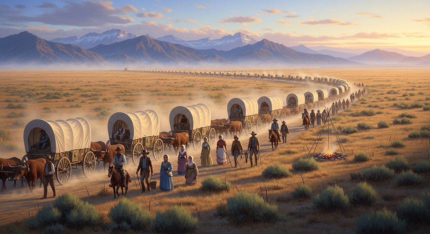 An illustration of a large wagon train, hundreds of wagons and people, stretching across a vast plain with distant mountains. Show the sense of scale and communal movement. Use a warm, historical art style.