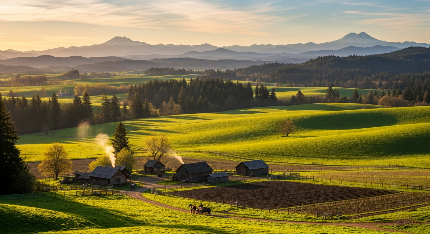 A scenic view of the Willamette Valley in Oregon, showing lush green fields, distant mountains, and perhaps a small, early pioneer settlement or farm in the foreground. Emphasize beauty and promise, warm sunlight.