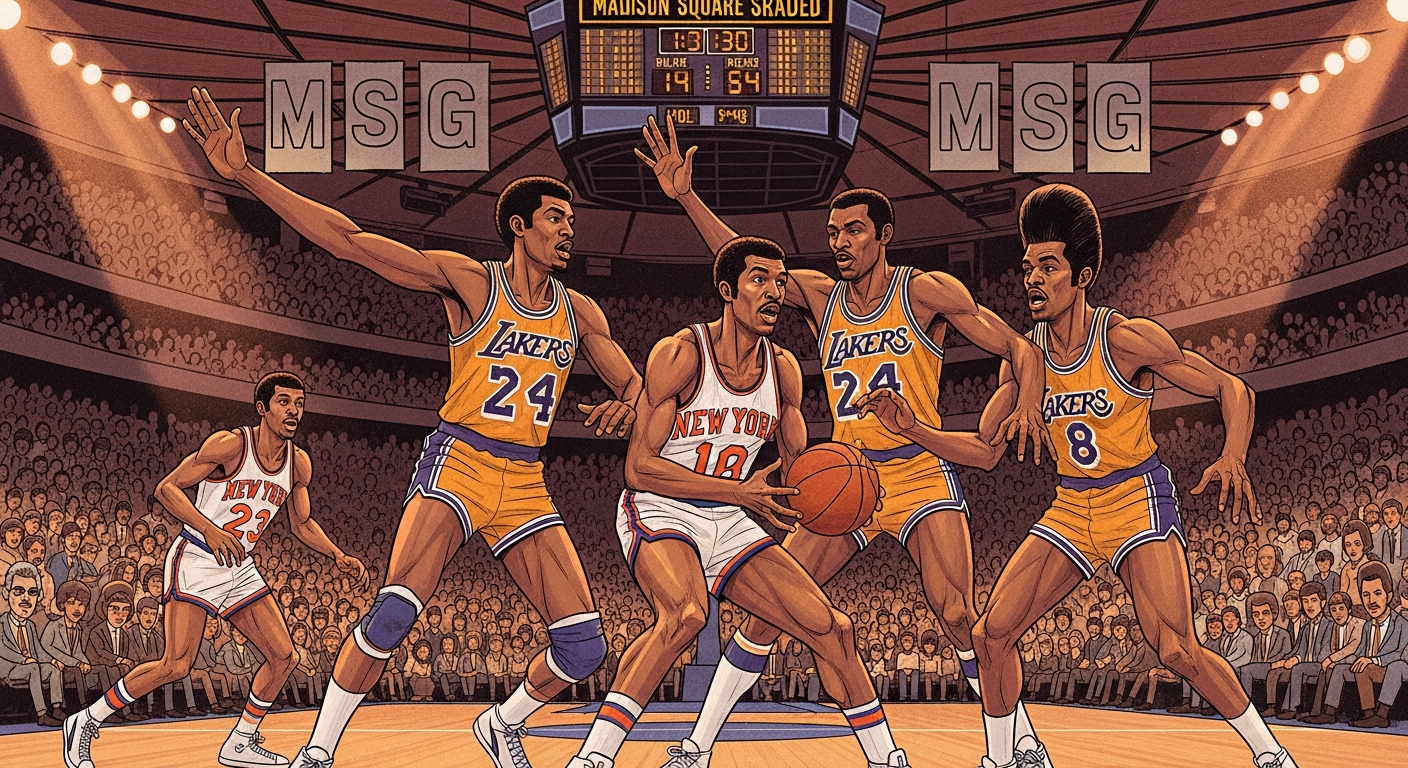 An artistic, nostalgic illustration depicting a basketball game from the early 1970s, focusing on teamwork and defense, with players in classic jerseys. Show an exaggerated view of a packed Madison Square Garden crowd with a vintage feel.