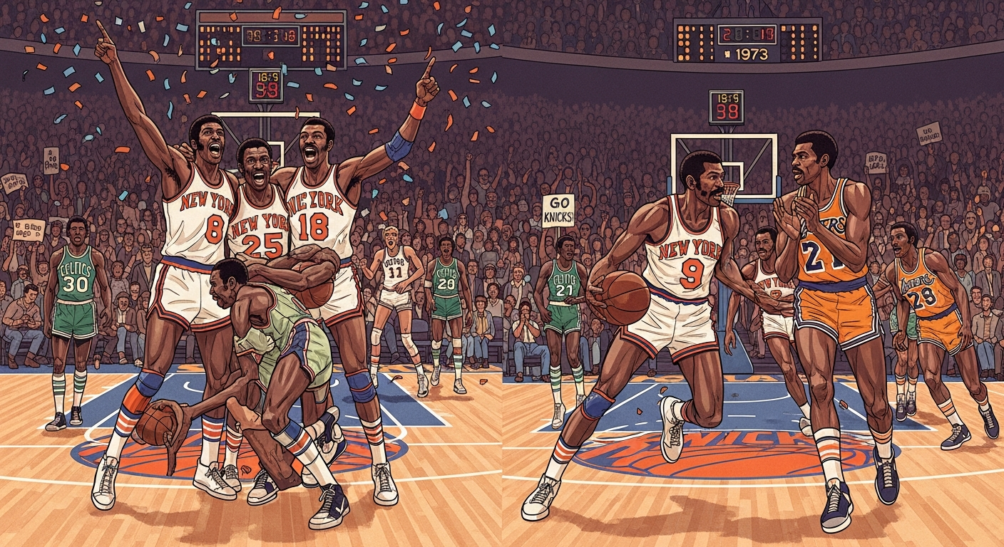 A vibrant, retro-style illustration of the 1973 New York Knicks players, Willis Reed, Walt Frazier, and Earl Monroe, celebrating a playoff victory against the Boston Celtics or facing off against the Los Angeles Lakers, capturing the intensity and classic aesthetics of the era.