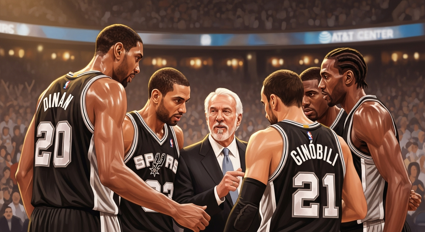 A warm, hopeful illustration of the 2014 San Antonio Spurs team huddling together during a game, focusing on their unity and teamwork. Show Tim Duncan, Tony Parker, Manu Ginóbili, and Kawhi Leonard in the huddle with Coach Gregg Popovich. The background should be a blurred, cheering crowd in the AT&T Center.