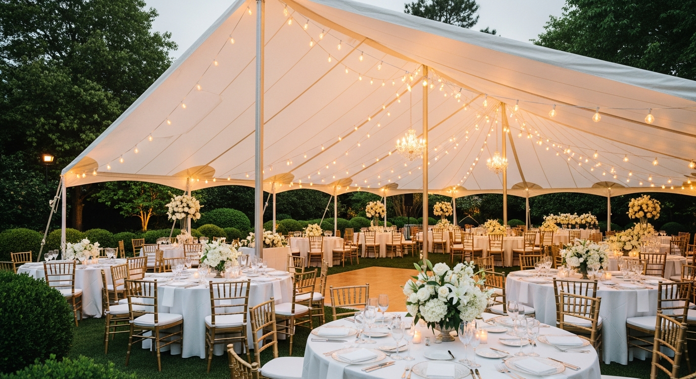 An elegant backyard wedding reception tent, beautifully lit with string lights and adorned with white floral arrangements, inspired by the movie 'Father of the Bride' (1991). The scene should evoke warmth and a timeless American aesthetic.