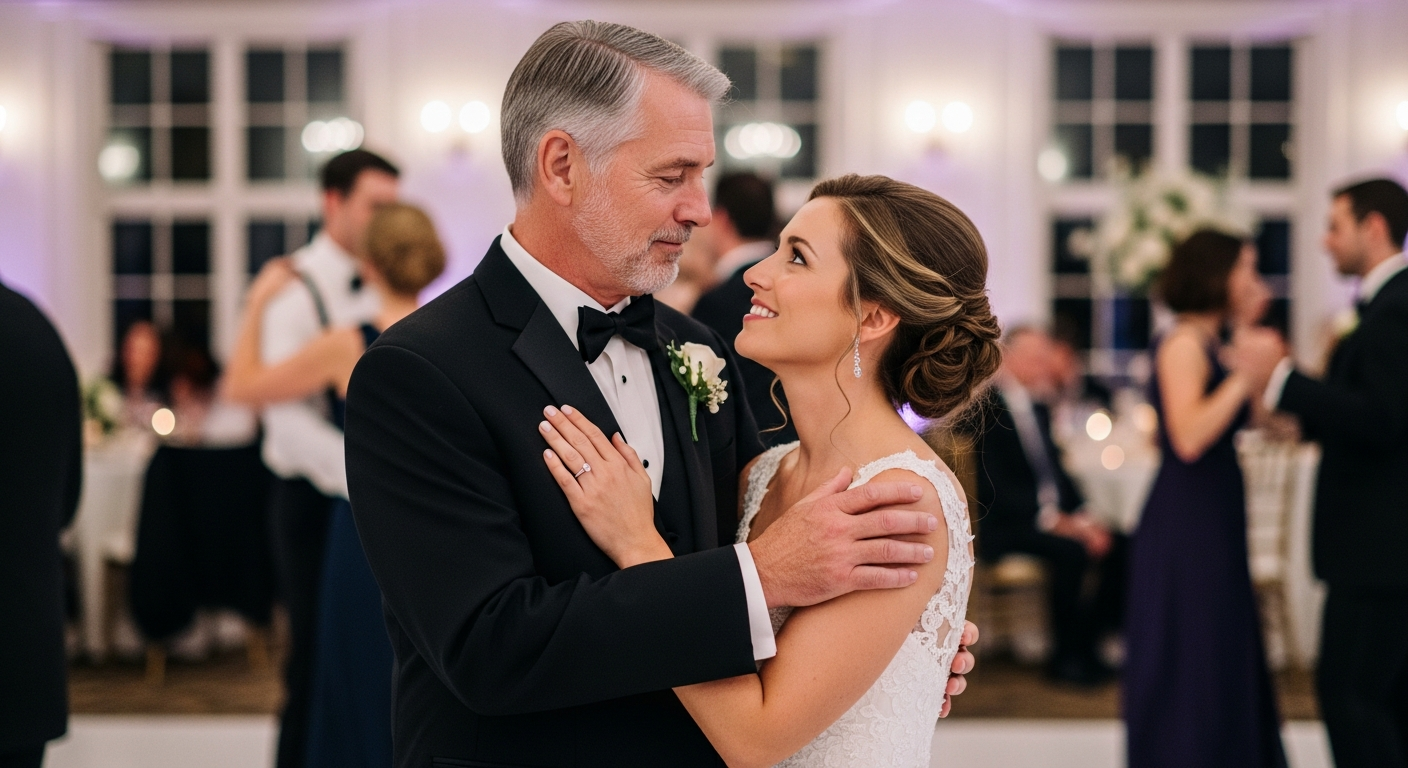 A heartwarming scene of a father and daughter at a wedding, evoking the emotional bond similar to George and Annie Banks in 'Father of the Bride.' The father has a slightly wistful, proud expression, while the daughter looks lovingly at him.
