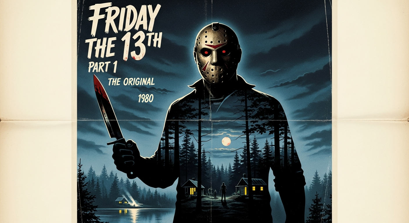 A vintage movie poster for 'Friday the 13th' (1980), featuring the iconic silhouette of Jason Voorhees with a knife, set against a dark, ominous summer camp scene. The colors should be classic, slightly desaturated, evoking a retro feel.